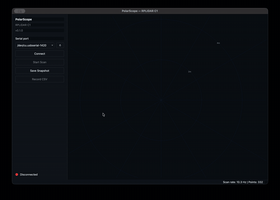 Live PolarScope capture showing dots on a polar plot rotating in real time as the LIDAR scans.