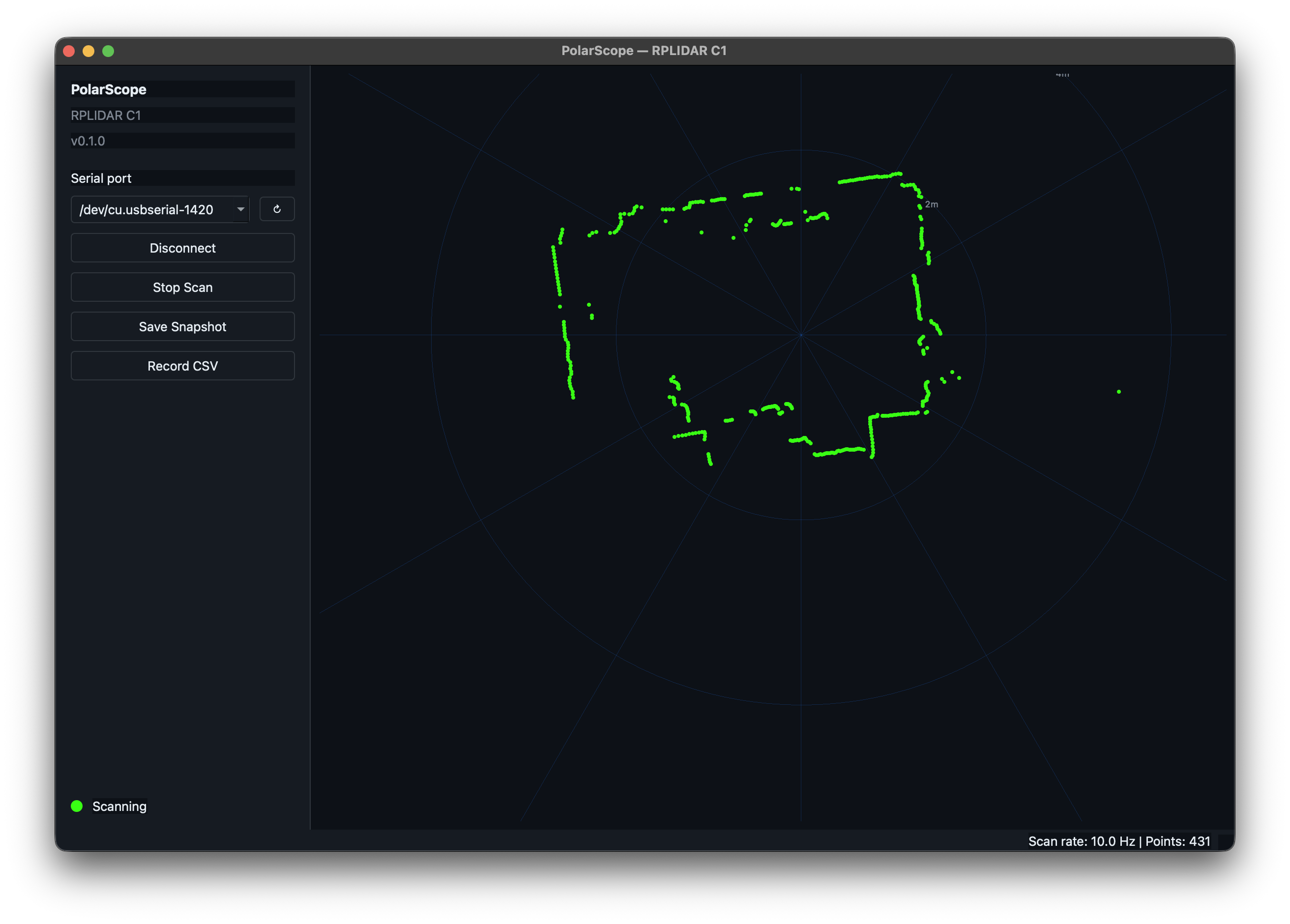 Screenshot of the PolarScope window with a captured scan frame.
